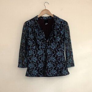VTG Brown and Teal Lace Overlay Babydoll Blouse Size M 3/4 Length Sleeves